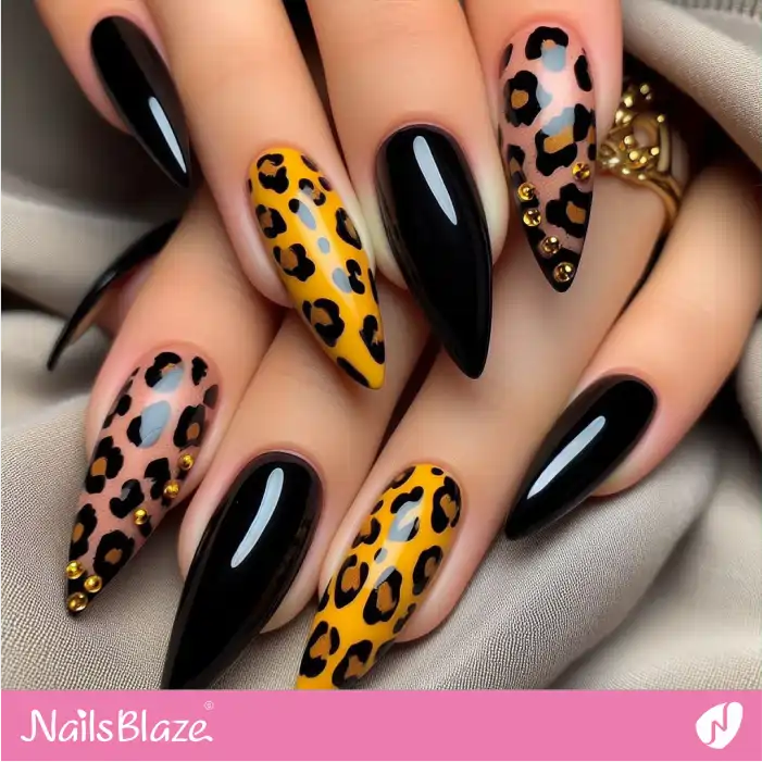 Glossy Black Nails with Leopard Print Design | Animal Print Nails - NB2586
